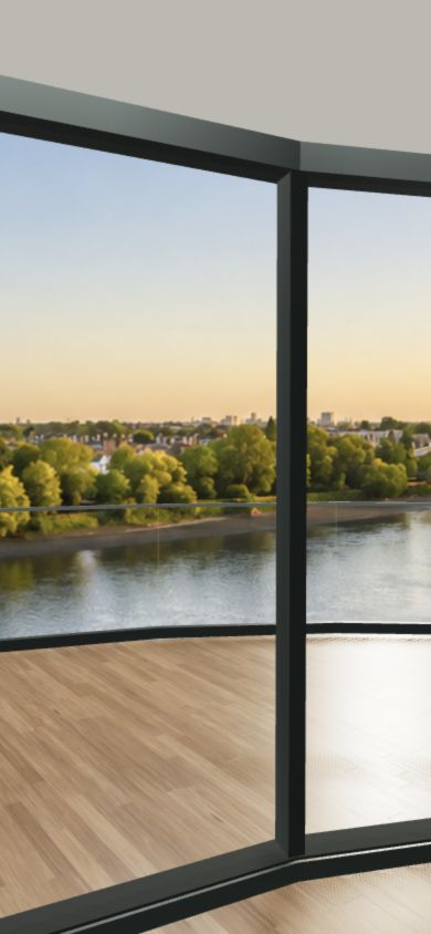 At the river: an interior view of the apartment and its windows